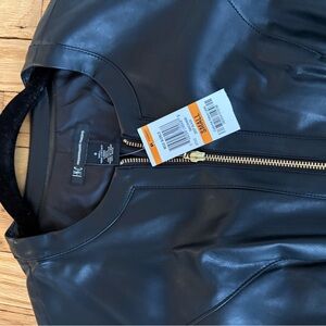 INC International Concepts Women's Black Leather Jacket with Gold Zipper
